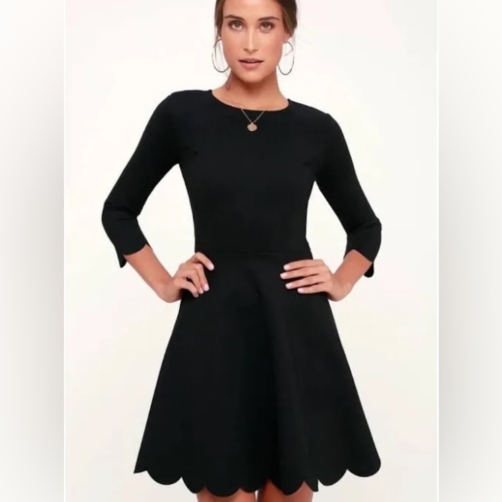 Scallop Hem Black Skater Dress
